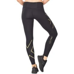 2XU Light Speed Mid-Rise Womens Compression Tights - Black/gold Reflective - Tall -RunGear Elite 2xu light speed mid rise compression damen tights black gold reflective 2 980857