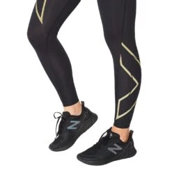 2XU Light Speed Mid-Rise Womens Compression Tights - Black/gold Reflective - Standard -RunGear Elite 2xu light speed mid rise compression damen tights black gold reflective 4 980855 1