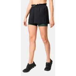 Odlo Active 365 2-in-1 5 Inch Shorts Women - Black - Camping Green -RunGear Elite odlo womens active 365 2 in 1 5 inch shorts black camping green 1 1406414