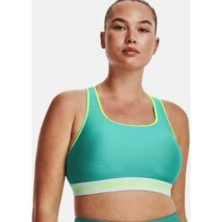 Under Armour Armour® Mid Crossback Pocket Sports Bra Women - Neptune/Sea Mist/Quirky Lime -RunGear Elite under armour womens armour mid crossback pocket sports bra neptune sea mist quirky lime 11 1158759